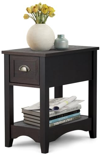 GIANTEX Table d'appoint latérale rétro avec tiroir et étagère ouverte, table de nuit rectangulaire avec pieds en bois massif, étroite pour petits espaces, salon, chambre (noyer, 1)