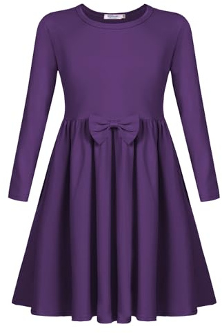Arshiner Fille Robes Casual Longues Manches Loisirs Enfants Hiver Automne Robe A-Line Coton Basic Col Rond Robe avec Noeud Papillon pour Filles 11-12 Ans Violet foncé