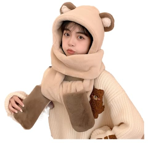 Schals Super weiche Fleece-Frauen-Kapuzenschal & Hut mit Handschuh-Taschen Warm Herbst (Color : Beige)