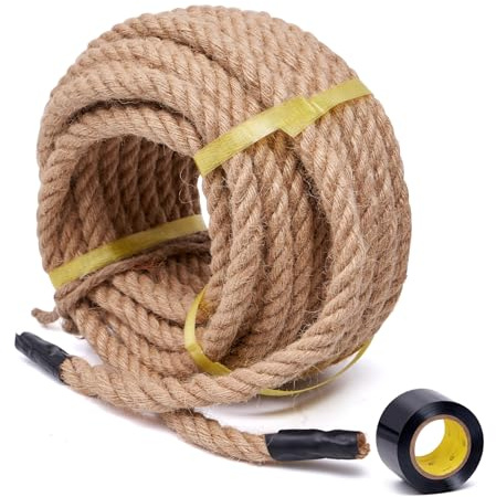 BRETANGME 4-Strand Twisted Natural Jute Rope 3/4 in x 50 Ft - Heavy Duty Manila Hemp Rope for Cat Scratching Posts, Railings, Crafts, Hanging Baskets, Nautical, Tug of War, Rustic Home Decorating