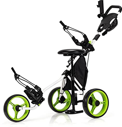 COSTWAY Golf Trolley, 3-hjuls vikbar golftrulle, golfcaddy i aluminium med säte, justerbara handtag och framhjul, golfvagn med paraplyhållare och förvaringsväska (grön, med säte)