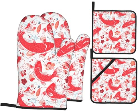 YYHWHJDE Set di 4 presine e presine giapponesi con stampa di carpa rossa: spessi e resistenti, anti-scottatura e termoisolanti