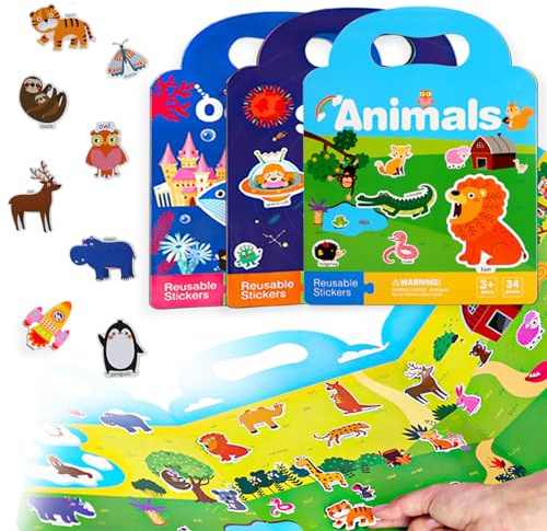 LURNOD 3 Stück 3D Wiederverwendbare Stickerbüch für Kinder 2-4 jährige, Stickerbuch für Kinder, Aufkleber-Szenenbücher für Kleinkinder,Kindergeburtstag Party Zubehör