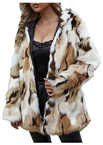 Komiseup Fleecejacke Damen, Winterjacke Damen Lange Winter Pelzmantel Elegant Kunstpelz Jacke Offener Front Wintermantel Dick Plüschjacke mit Kapuze Warme Kunstfell Oberbekleidung Faux Pelz Coat 12