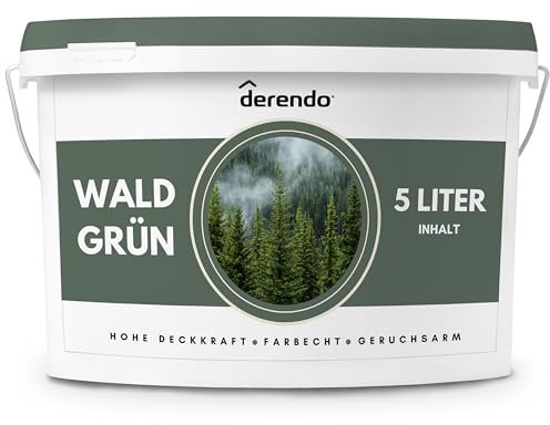 derendo Exklusive Wandfarbe grün 5L, hohe Deckkraft, Dispersionsfarbe innen, Innenwandfarbe Raumfarbe Waldgrün matt, Deckkraftklasse 2, hochdeckende Innenfarbe Profi Qualität