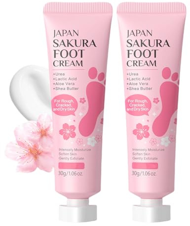 Lot de 2 crèmes hydratantes pour les pieds à la fleur de cerisier pour les peaux sèches et craquelées à l'aloe vera nourrissant les pieds et les mains rugueux, non gras, absorption rapide pour tous