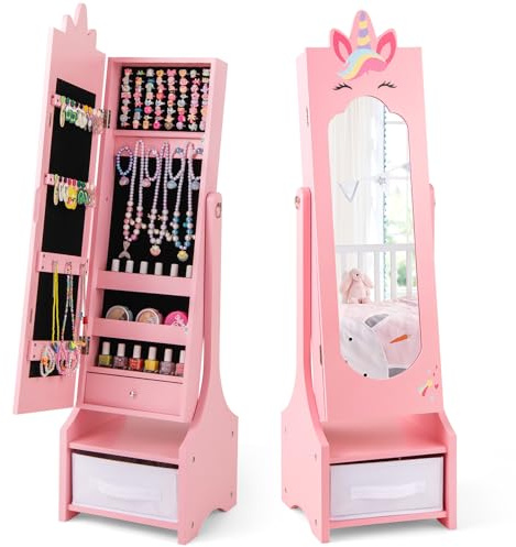 COSTWAY Armadietto Portagioie per Bambini 31,5 x 30 x 115cm, Specchio a Figura Intera a Forma di Unicorno con Ganci, Ripiani e Cassetti, Specchiera da Toeletta per Cameretta (Rosa)