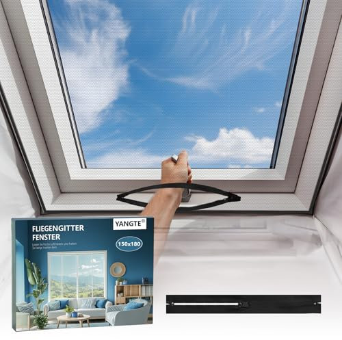 YANGTE Fliegengitter Fenster Fliegengitter Dachfenster 150 x 180 cm - Ohne Bohren Zuschneidbar mit Selbstklebendem Klettband und Reißverschluss 1 Stück