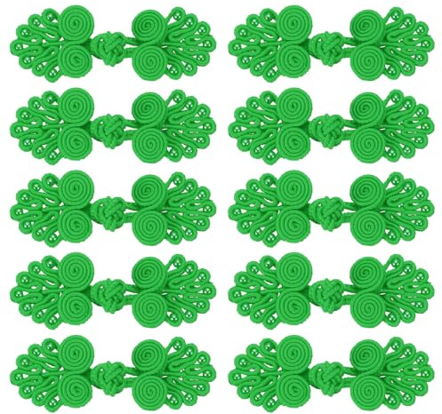 QUARKZMAN 10 Paare chinesische Knoten Frosch Knöpfe Verschluss Grüne Nähknöpfe Verschlüsse mit Perlen für DIY Nähen Mäntel Umhang Pullover Braut Kostüm Outfit, 0,98x2,36 Zoll