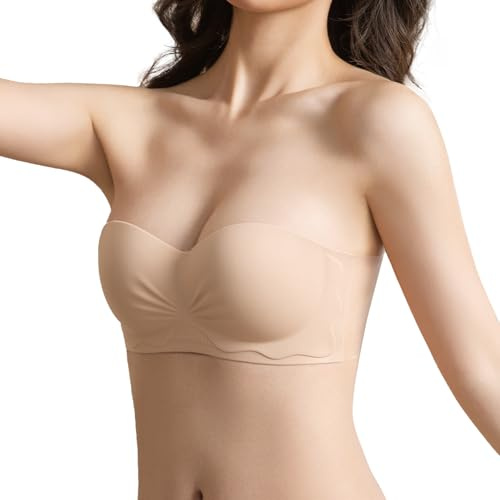 D.DUO Strapless Bras, Adhesive Push up Bras, Backless Bra, Wirefree Non-Slip Invisible Tube Top for Women (Beige, C)