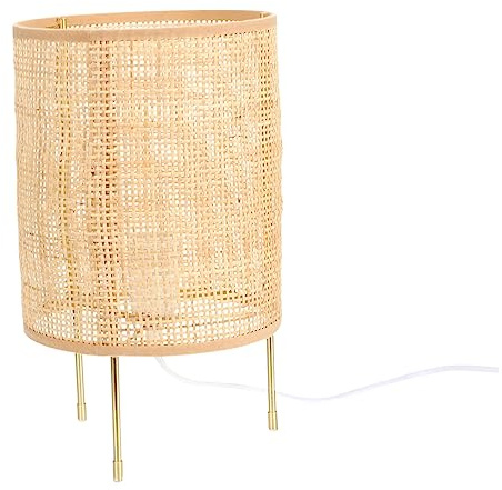 NUOBESTY Rattan Tischlampe im Landhausstil mit Metallgestell und Pergamentschirm Sanftes Licht für Kinderzimmer Dekorative Nachttischlampe mit Gutem Lichtdurchlass
