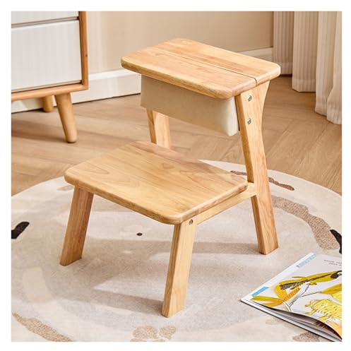 JIAYING Tabouret en Bois pour Adultes Et Enfants, Conception Rabattable À 180°, Tabouret Escabeau Échelle À Deux Marches avec Dossier Rembourré, Chaise D'escalier(Natural)
