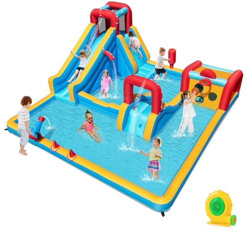 COSTWAY Inflatable Water Park, 9 in 1 Giant Kids Bouncy Castle with Double Slides, Climbing Wall, Splash Pools, Water Cannon, Outdoor Blow Up Bounce House for 3-12 Years Old (with blower)