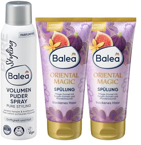 Balea 3er-Set Haarpflege: Pure Styling Volumenpuder Spray Fülle & Griffigkeit, sanft für sensible Kopfhaut, 150 ml + Spülung Oriental Magic natürlicher Glanz & orientalischer Duft, 2 x 200 ml (550 ml)