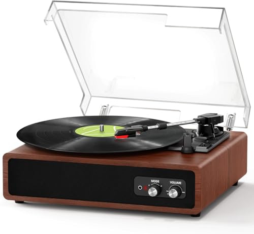 Platine Vinyle, FYDEE Tourne-Disque Vinyle Bluetooth avec Émetteur pour Enceintes, Portable avec 3 Vitesses 33/45/78 TR/Min, 2 Haut-parleurs Intégrés, Sortie RCA, Entrée AUX - Acajou
