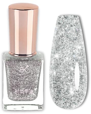 Silver Glitter Nail Polish - Shimmer Long Lasting Breathable Nail Varnish - Sparkly nail polish Quick Dry - Glossy Easy To Apply No UV Light Needed for Women