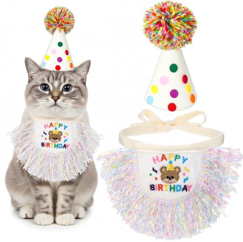 YUXMU Geburtstagshut für Katzen, Geburtstagshut und Bandana-Schal, Katzengeburtstags-Outfit, Partyhut und süßer Spitzen-Welpenlätzchen-Schal, kleine bis mittelgroße Katzen und Hunde