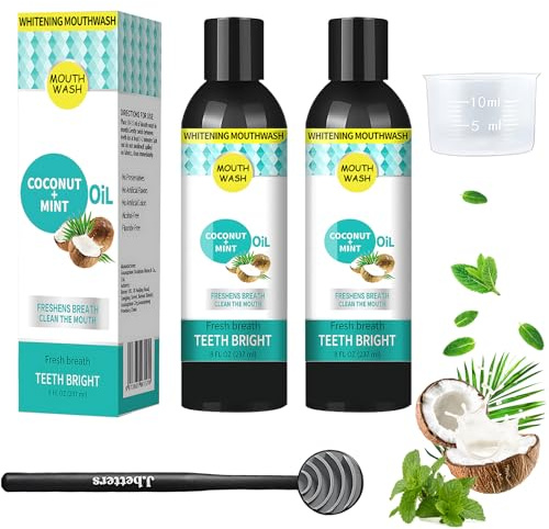 2 piezas de aceite de coco enjuague bucal aceite de coco dientes aceite de coco para tirar de aceite de té refrescar su aliento y proteger su salud bucal con 2 raspadores de lengua, 2 vasos medidores