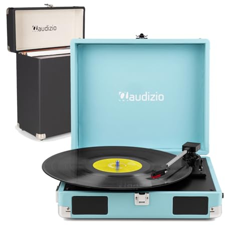 Audizio Briefcase Record Player Bundle with Vinyl Storage Case, Portable 3-Speed Turntable, Built-in Speakers, Auto Stop, Line Out, Headphone Output, Blue Retro Home Audio Set