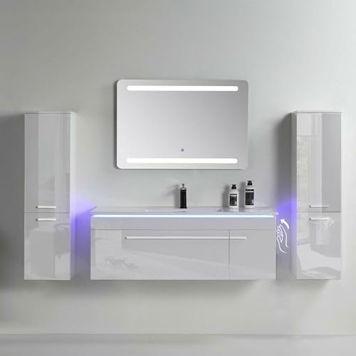 Faizee Möbel Badmöbel Set 90cm Weiß (Eckiger Spiegel, 2 Seitenschränke)
