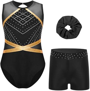 Sinleey Mädchen 3 Teiliges Gymnastikset Ärmellos Gymnastikanzug mit Shorts und Haarband Ballett Tanz Leotard Gymnastik Outfit für 5-16 Jahre