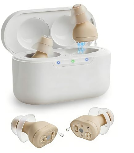 Dispositivo de sonido recargable para personas mayores y adultos, dispositivo de audio invisible con reducción de ruido inteligente, funda de carga de encendido/apagado automático, diseño intrauditivo