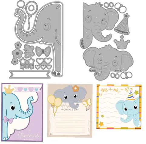 MAYJOYDIY Niedlicher Elefant Metall Stanzen Cartoon Elefant Rahmen Stanzschablonen Tier Prägeschablone Party Hut Schneideschablonen für Kartenbasteln DIY Scrapbooking Album Geschenkdekoration