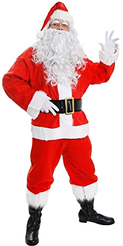 Deluxe Santa Suit Mens - Father Christmas Fancy Dress in 10 Pieces Inc. Jacket, Trousers, Hat, Wig, Beard, Eyebrows, Glasses, Gloves, Boot Covers & Belt (X-Large)