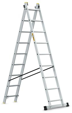 DRABEST Pro Aluminium Ladder – Strong & Durable – Galvanised Hooks – EN-131 Certified – Ergonomic Design – 2-Section – 2x9 Rungs – 150 kg Load Capacity – 246 x 46 x 11.5 cm