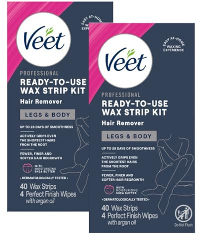 Veet Ready-to-Use Dermatologically Tested 40 Count Hair Remover Wax Strip Kit for Legs & Body (2 Pack)
