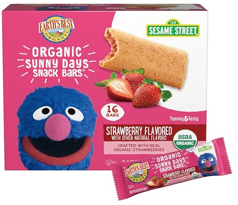 Earth's Best Organic Kids Snacks, Sesame Street Toddler Snacks, Organic Sunny Days Snack Bars for Toddlers 2 Years and Older, Strawberry with Other Natural Flavors, 16 Bars Per Box