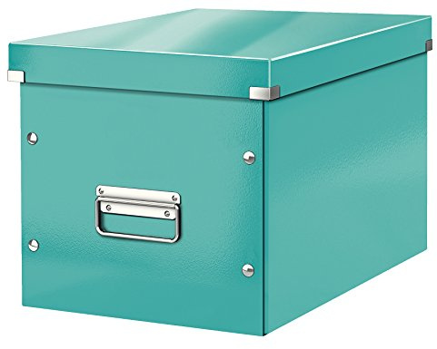 Leitz Click & Store Aufbewahrungsbox mit Deckel Groß, Würfelbox passend für Kallax Regale in Wohnzimmer oder Büro, Box aus 80 % recycelter Premium-Hartpappe, Stabile Metallgriffe, Eisblau, 61080051