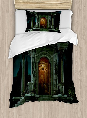 Ambesonne Gothic Duvet Cover Set, Roman Pavilion Ivy Pillars Dome Medieval Architecture Mystic Theme Print, Decorative 3 Piece Bedding Set with 2 Pillow Shams, Twin Size, Petrol Blue and Orange