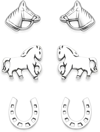 Sterling Silver Horse Earrings Set - 3 Pairs - Sterling Silver Horse, Horseshoe and Horse Head Stud Earrings - Size 8 mm - Horse Jewellery - Gift Boxed 5024SET