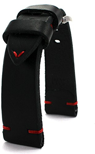 RIOS1931 Handarbeit LEDERBAND rote Naht 18 19 20 22 24 mm BAND Retro Look Vintage quality STRAP schwarz Ersatzband BS Top Qualität (schwarz(20mm) – 16mm an der Schließe)