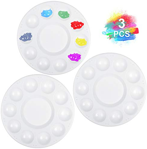 JCF 3 PCS Set Paint Tray Palette 6.7 Inch Plastic Round Palette with 10 Wells and 1 central reservoir for Watercolor Acrylic and Oil DIY Craft Professional Art Painting