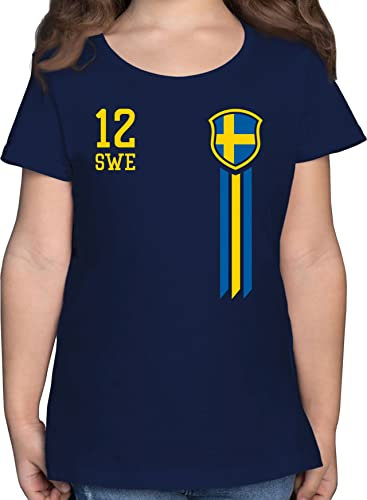T-Shirt Mädchen - Fußball EM WM - 12. Mann Schweden Fanshirt - 116 (5/6 Jahre) - Dunkelblau - Shirt 2024 Fussball Europameisterschaft Tshirt Kinder fu Ball t-Shirts Fan em- Fanartikel Shirts triko