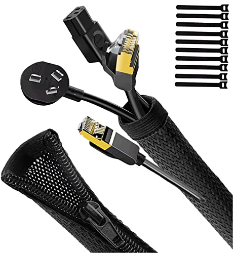 UPXDUMI Cable Tidy Zip Sleeve for PC/TV, 20mm - 1.2m Desk Cable Management Organisers, Wire Tidy Loom Tube Cord Wrap Protector with 10 PCS Reusable Cable Ties for Home, Office, 50+70cm, Black