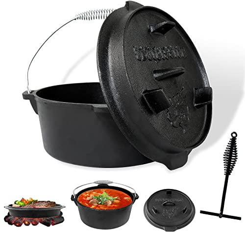 CCLIFE Dutch Oven 4,2 L, Gusseisen, 27x26,5x15,5 cm, Mit Deckelheber | Deckel als Grillplatte; 6mm Wandstärke; Inkl. Deckelheber & Haken; Für Grill/Ofen/Feuer; Ideal für Gulasch.