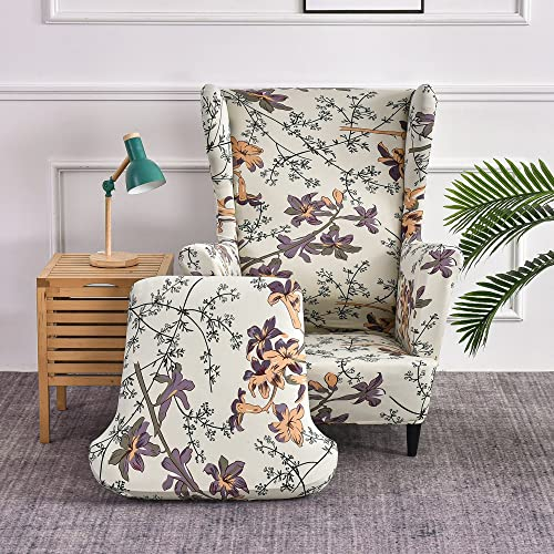 Highdi Ohrensessel Überzug 2-Teilig, Mode Sessel-Überwürfe Ohrensessel Schonbezüge Bezug Retro Blumen Sesselhusse Strandmon Tiger Stuhlbezug mit Armlehne Hohe Rückenlehne (braune Lilie)