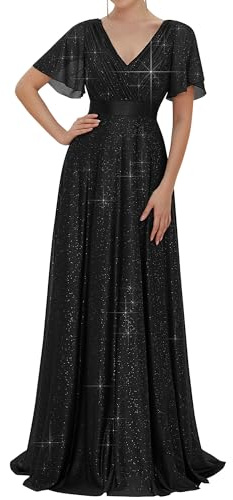 Ever-Pretty Women's Formal Dresses Short Sleeve V-Neck A Line Empire Waist Black 18