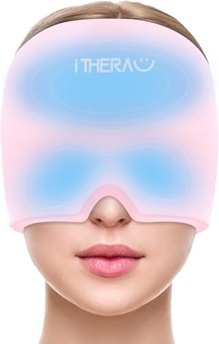 iTHERAU Migräne Maske Kopfschmerzen Maske, 360° Abdeckung Einstellbar Migräne Mütze Migraine Relief Cap, Kalt Warm Kompresse Kühlpads Gel für Kopfschmerzen, Geschwollene Augen, Nebenhöhlen