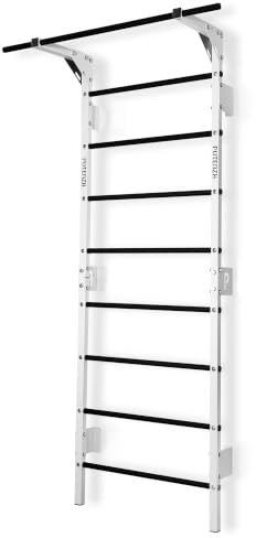 Sprossenwand mit Klimmzugstange Pull Up Bar Turngeräte Fitness Turnwand Klettergerüst bis 250kg Kletterwand Gym Sportgerät für Erwachsene Heim Turnhalle (Weiß-Schwarz - mit Klimmzugstange)