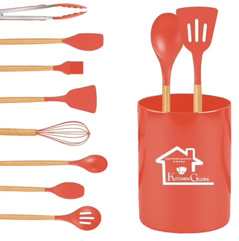 AEX Set di 12 utensili da cucina in silicone con supporto, resistenti al calore, per padelle antiaderenti, manico in legno, spatola e cucchiaio, set di utensili da cucina (rosso)