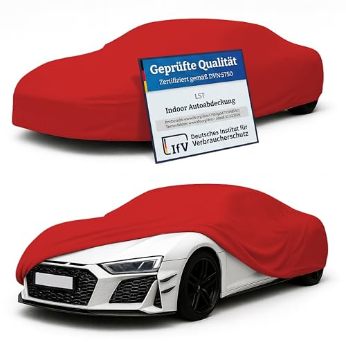 LST Autoabdeckung Indoor – lackschonende und Dehnbare Autogarage. Car Cover Innenbereich für Autohäuser und Endverbraucher. Auto Abdeckplane schützt vor Sonne, Staub. (Rot, L (450x140x120cm))