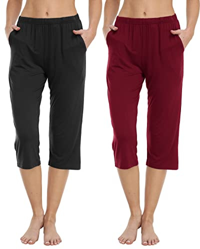 JINSHI Women's Pyjamas Trousers Lounge Capri Pants Soft Modal Pyjama Bottoms with Pockets & Drawstring (Black,Wine Red) Size M