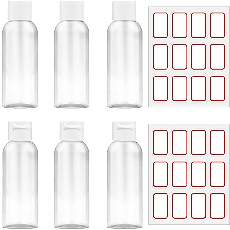 FINEASY 6 Piezas Botellas Plástico, Botes Viaje Rellenables 80ml con 2 ficha de página (40pz), Botella Cosmética Transparente para viajes en avión el Gel Cosméticos Champú Loción
