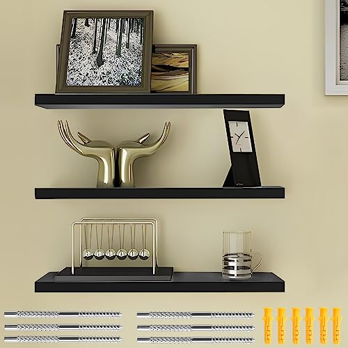 THATSRAD Regale für Wände Schwarz Wandregal Schweberegal 3er Set Wandboard Bücherregal Hängeregal 40 * 15cm Hängeregal MDF Holz Regalbrett Wand Deko Wandablagen für Küche Schlafzimmer Wohnzimmer