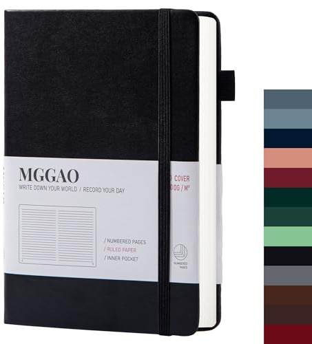MGGAO Diario a Righe A5 100 GSM Carta Spessa a Righe con 188 Pagine Numerate Taccuino con Copertina Rigida in Similpelle di Alta Qualità per Appunti Personali Studio Ufficio