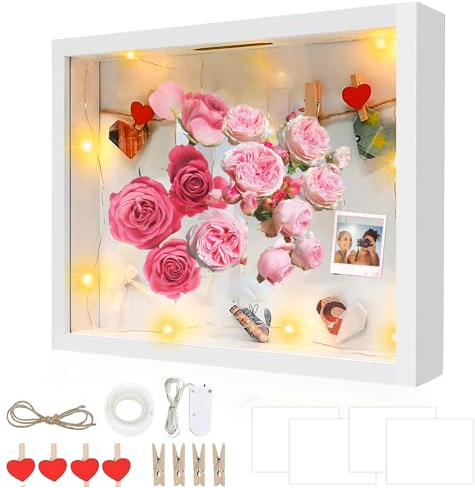 ZIOYA 3D Bilderrahmen zum Befüllen 27 x 22 cm Tiefer Rahmen mit 1M Licht 3D Objektrahmen für Hochzeit Deko Wand Medaillen Foto Blumen Muttertagsgeschenk